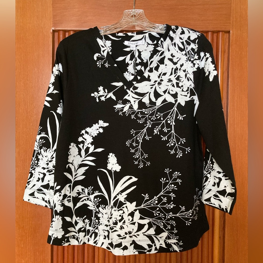 Chico’s Black/white Cotton Long Sleeve Top Size 2 (L)